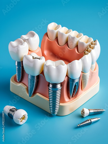 A dental model showing teeth and implants with one implant having a broken crown on a blue background