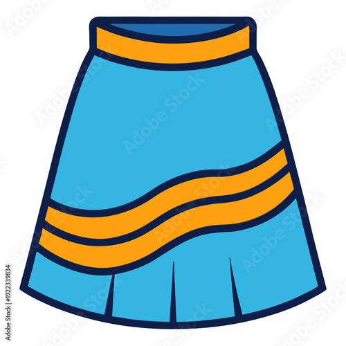 A cheerful blue skirt with orange stripes and pleats, perfect for a vibrant look