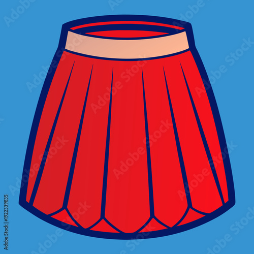 A vibrant red pleated skirt with a light beige waistband set against a bright blue background