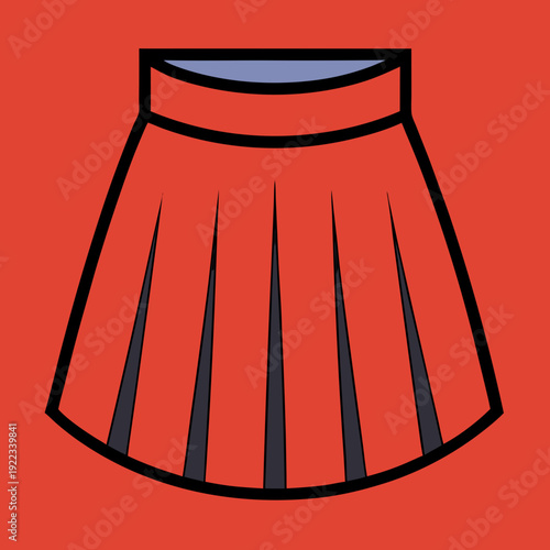 A vibrant red pleated skirt with a classic black outline and subtle blue waistband