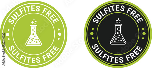Sulfites free round badge labels with laboratory flask icon green and black organic food sticker vector for clean product packaging