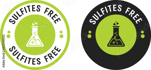 Sulfites free badge set with laboratory flask icon round organic food label design for healthy chemical free product packaging