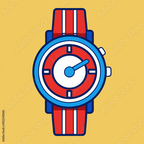 A vibrant red and blue wristwatch with a striped strap on a bright yellow background illustration