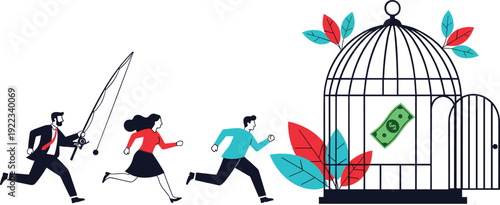 Conceptual flat vector illustration of business people running toward a dollar bill inside an open birdcage representing financial traps, career rat race, and wealth pursuit.