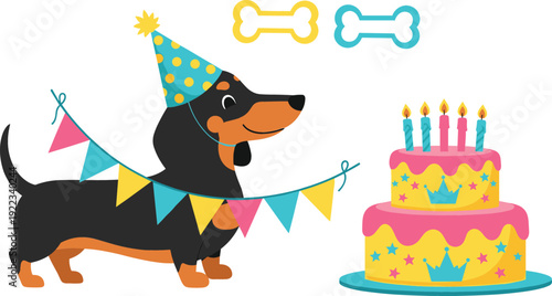 Cute black and tan dachshund dog wearing a party hat standing by a birthday cake with candles and colorful bunting isolated vector illustration