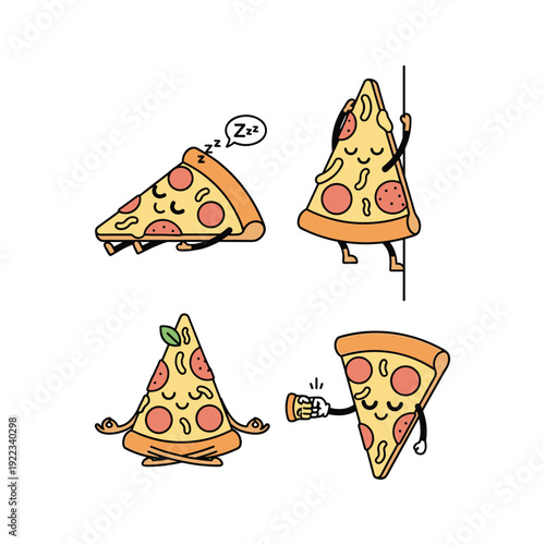 Cartoon pizza slices exercising with dumbbells and running on white background with copy space