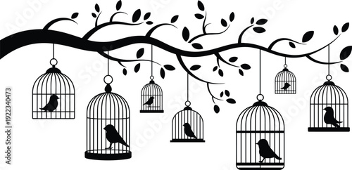 Birdcage silhouettes hanging on tree branch with birds inside, decorative vintage flat vector illustration isolated wall art design