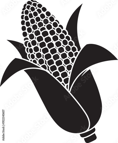 A black and white image of an ear of corn isolated on transparent background, Vector