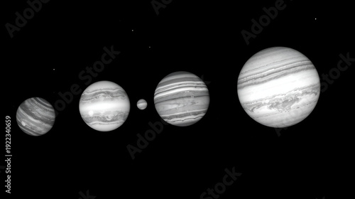 A black and white photo of the planets in the solar system