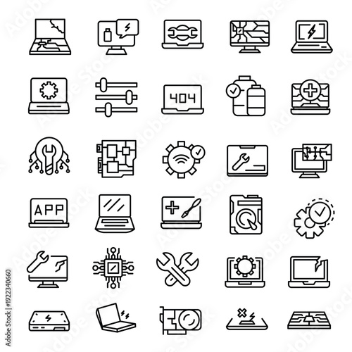 Laptop troubleshooting and repair tools vector icon pack isolated on white background.