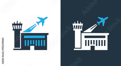 Airport control tower with airplane vector illustration flat designBlue icon set - Modern style icon - Vector icon set - Glyph and solid icon set - Icon vector - Flat Design Icon - line icon set