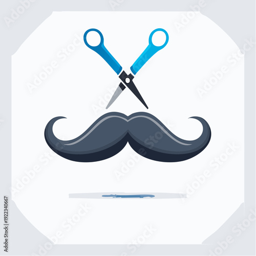 Sleek graphic of a distinguished mustache and crossed grooming scissors for barbershop branding and male styling