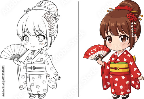 Cute chibi Japanese girl wearing a floral red kimono holding a folding fan set with line art and colored versions isolated vector illustration.