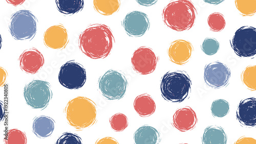 Seamless pattern of scattered colorful brushstroke circles and dots in various sizes, creating a playful and energetic abstract background for modern designs.
