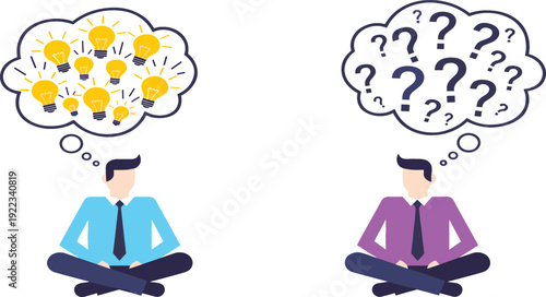 Flat vector illustration of two businessmen meditating with thought bubbles representing brainstorming ideas with lightbulbs and confusion with question marks for problem solving.
