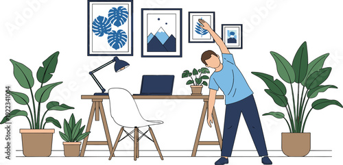 Man stretching in his home office during a work break with desk laptop and indoor plants isolated vector illustration for health and productivity.