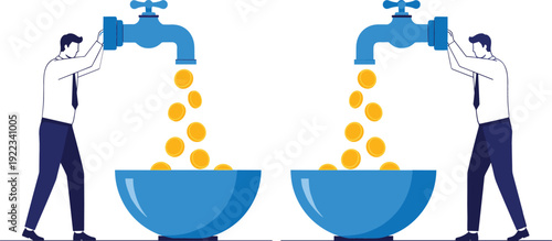 Flat vector illustration of two businessmen opening water taps that pour gold coins into bowls representing cash flow management, financial success, and passive income.
