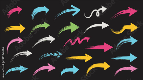 Extensive collection of colorful brushstroke arrows in various dynamic styles on a black background, perfect for creative graphic and UI design elements.