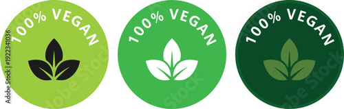 100 percent vegan green round badge labels with leaf icon eco friendly food packaging sticker set vector illustration