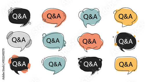 Extensive collection of chat bubbles and speech balloons with "Q&A" text, featuring various shapes, styles, and colors for communication designs.