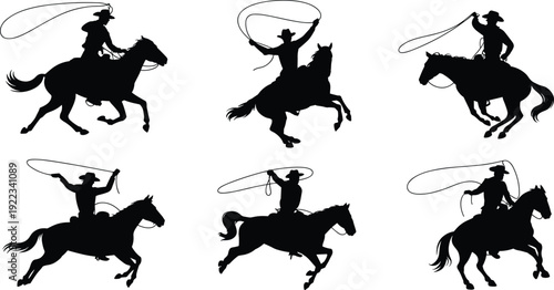 Cowboy riding horse with lasso silhouettes set, western rodeo rider black flat vector illustration isolated logo design