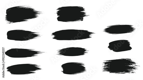 Extensive collection of black horizontal brushstrokes and paint smears with a grunge texture, offering versatile elements for artistic design projects.