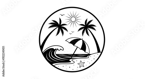 Summer sunset tropical beach line art vector illustration, hand drawn sunset and sunrise outline landscape tropical beach, palm tree with sunset waves Nature view, Kids drawing Beach coloring pages.