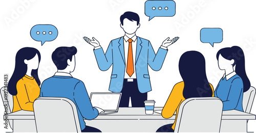 Professional business leader conducting a corporate meeting with a diverse team in a conference room for leadership training, teamwork, and office collaboration.