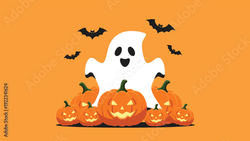 Cute smiling ghost character surrounded by various carved pumpkins and flying bats on a vibrant orange background, ideal for Halloween celebrations.