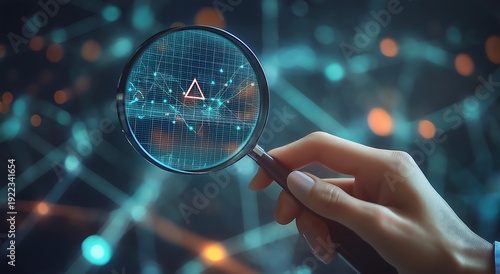 Magnifying glass reveals digital anomaly within complex interconnected network of glowing data points, symbolizing cybersecurity and threat detection.