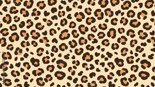 Seamless pattern of classic leopard spots in brown and black on a light beige background, creating a timeless and stylish animal print design.