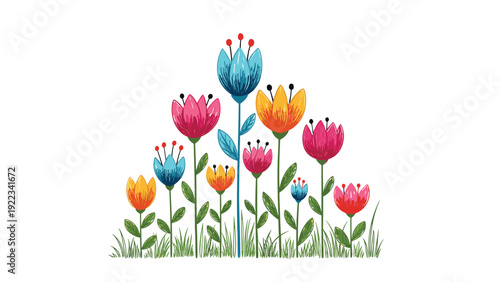 Group of colorful, stylized flowers on green grass with a sketchy brushstroke effect, creating a vibrant and cheerful spring illustration.