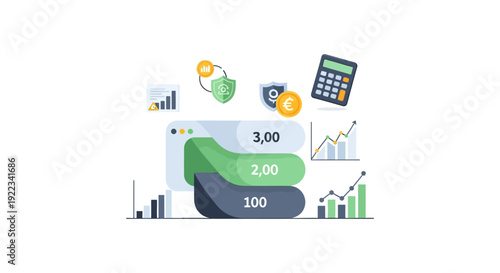 Financial Dashboard Data Analysis Illustration. Business Performance Metrics, Tiered Planning, Investment Growth Charts, and Secure Calculator Icon Set.