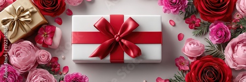 Valentine's Day Gift Box with Red Ribbon and Romantic Roses