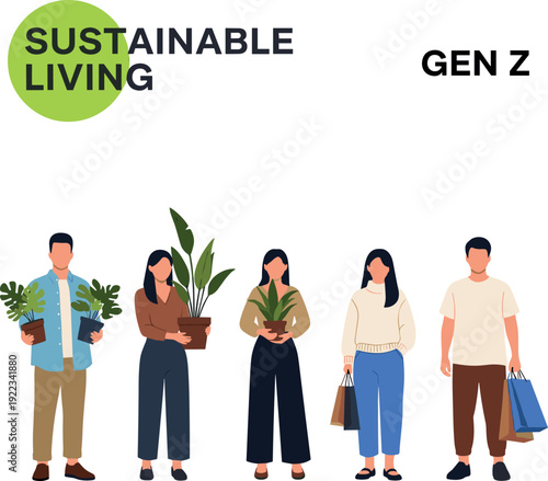 Sustainable Living Gen Z Concept with Young People Holding Plants and Eco Shopping Bags Promoting Green Lifestyle Vector Illustration