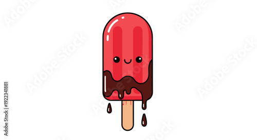 A cute cartoon red popsicle with a happy face covered in dripping dark chocolate sauce.