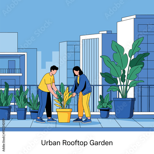 Urban Rooftop Garden with Young Couple Caring for Potted Plants, Sustainable City Living and Eco Friendly Lifestyle Vector Illustration