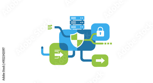 Cybersecurity Data Flow Diagram: Network Security, Server Protection, Firewall, and Encryption Concept Illustration.