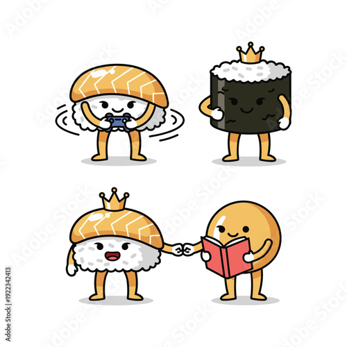 Cartoon sushi characters with crown reading book in a funny pose