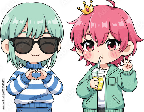 Two cute chibi anime characters featuring a girl in sunglasses making a heart gesture and a princess character drinking juice for stickers and avatars.
