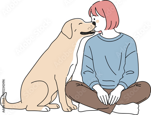 Young Woman Sitting with Dog Sharing Affectionate Moment Pet Love and Friendship Concept Minimal Line Art Vector Illustration