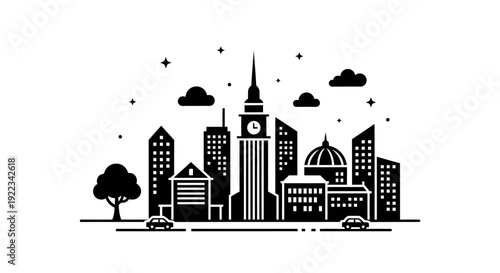 Cityscape Silhouette with Buildings and cars.
