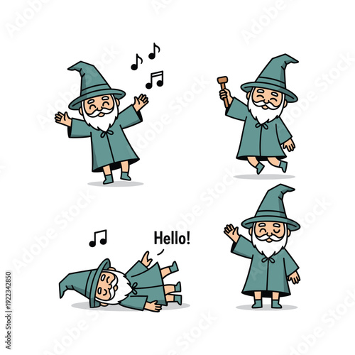 Cartoon wizard character dancing and greeting with musical notes in various poses