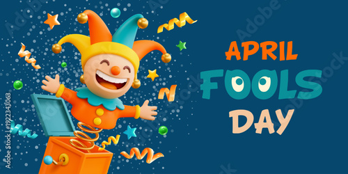April Fools Day banner with a laughing jester popping from a box. Bright and cheerful Jack in the box, colorful confetti and text creating a fun, festive, and humorous mood. 3d vector illustration