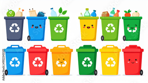 Cute Recycling Trash Bin Character Set – Eco-Friendly Cartoon Sustainability Icons