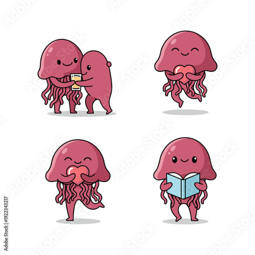 Cartoon jellyfish characters with different emotions and activities in a minimalist style