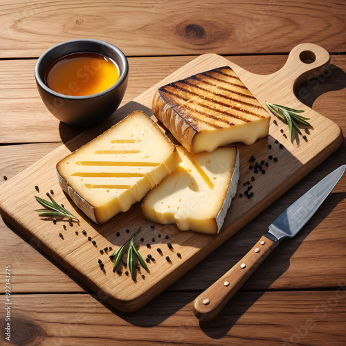 Grilled rennet or coalho cheese on a wooden board with sugar syrup and pepper. Stormfall. Illustration
