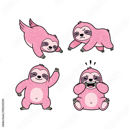 Pink cartoon sloth characters in various poses on white background with copy space