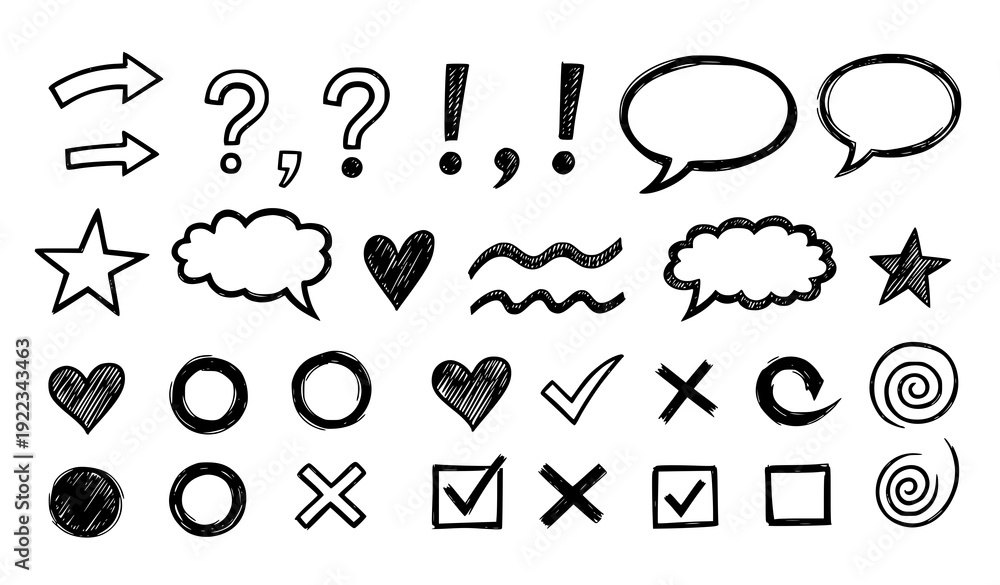 Fototapeta premium Sketch-style playful doodle vector icons with arrows punctuation and speech bubbles for annotations