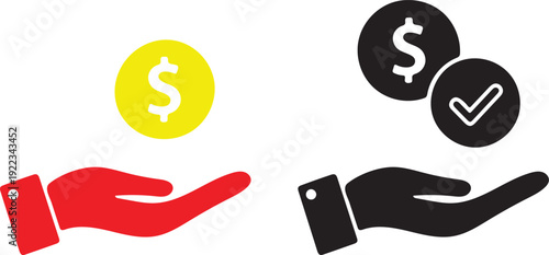 Hand Holding Money Icon Set with Dollar Symbol and Check Mark, Financial Payment Approval Concept Vector